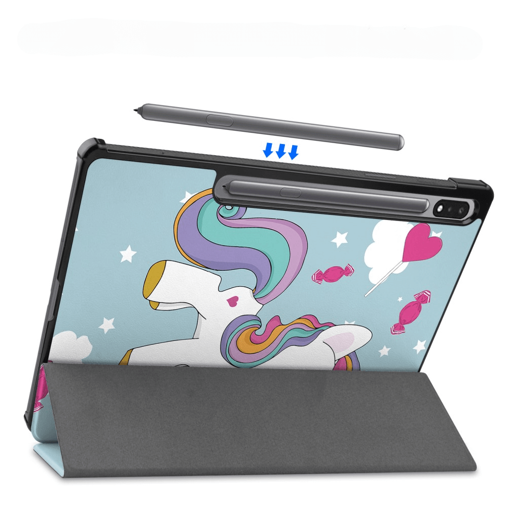 Une tablette avec un design de licorne et support de stylet, sur fond blanc.