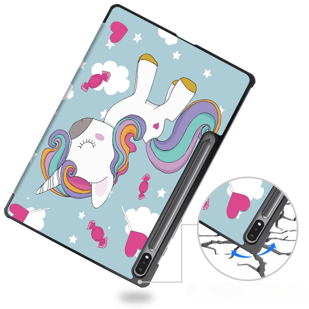 Une coque de tablette avec un motif de licorne sur fond bleu clair.