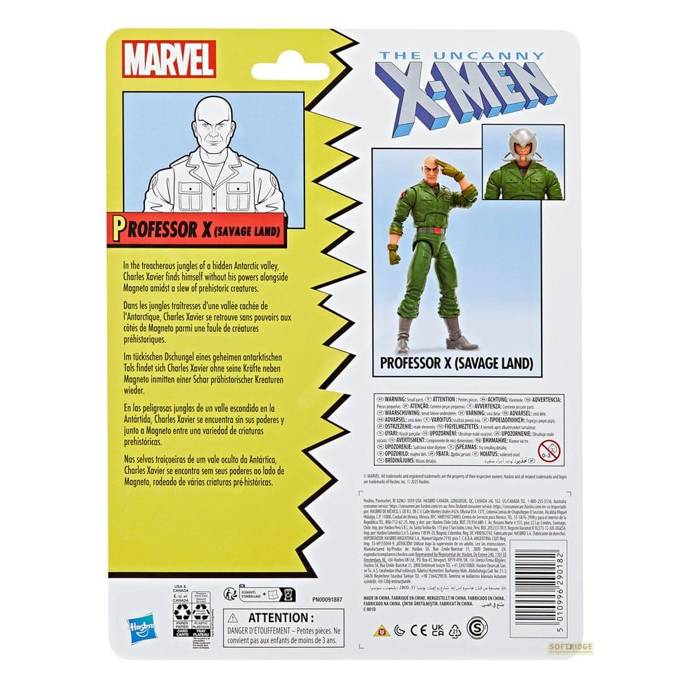 Figura de acción del Profesor X (Savage Land) estilo cómic, con advertencias e información del fabricante.