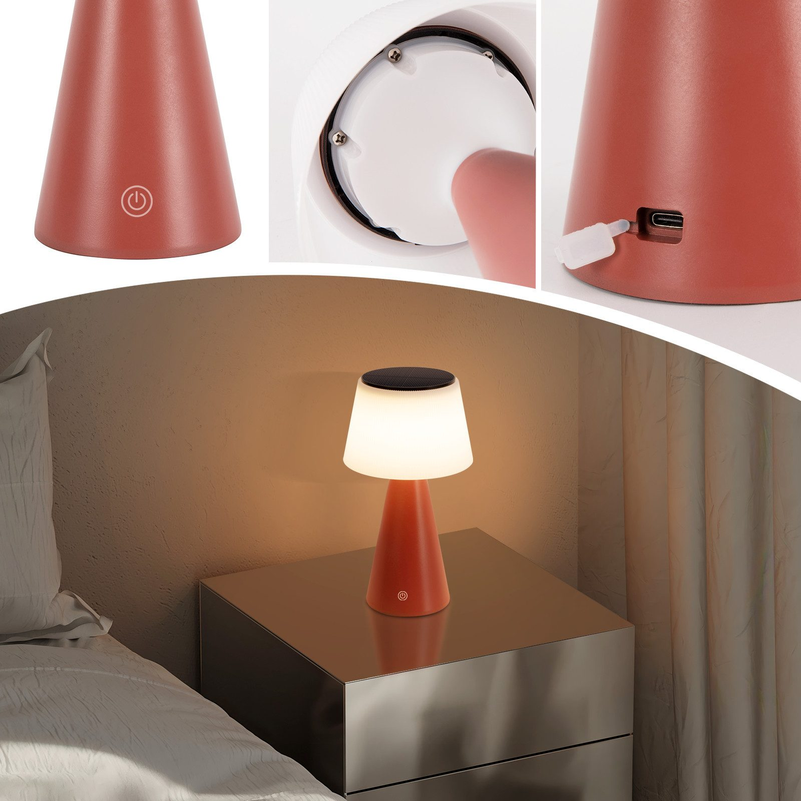 Pomarańczowa lampa na stoliku nocnym z łóżkiem i zasłonami w tle.