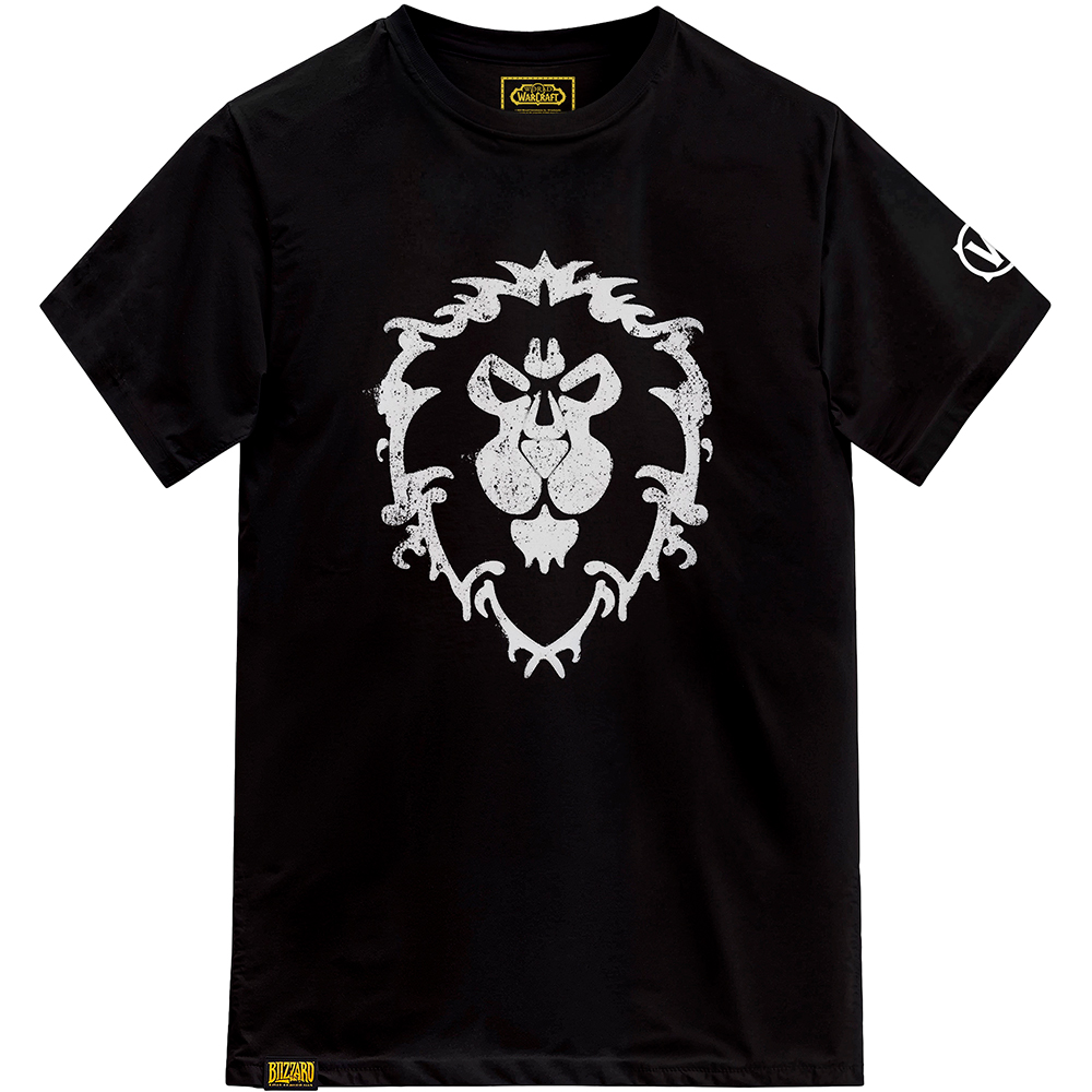 Schwarzes T-Shirt mit weißem Warcraft-Löwenwappen-Aufdruck.