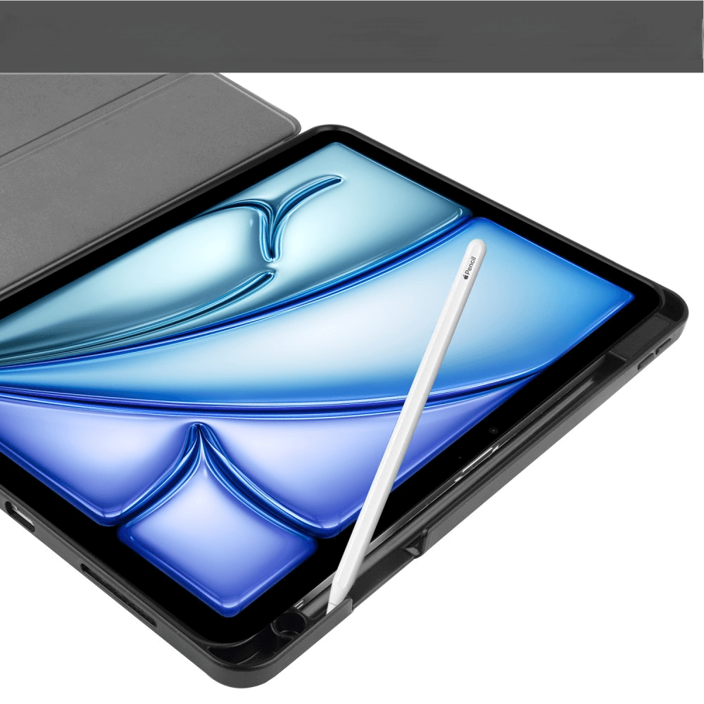 Une tablette grise avec un stylet, sur fond blanc.