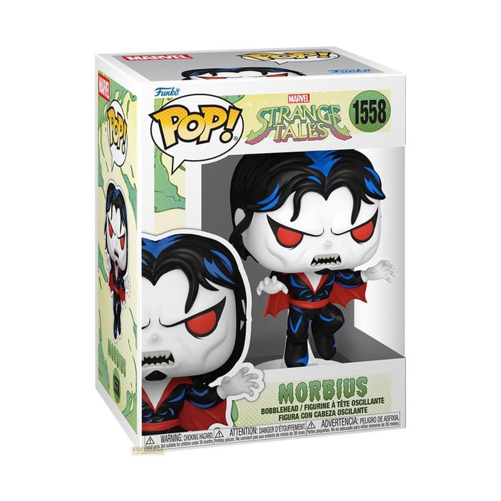 Figura Funko Pop! Morbius de Marvel Strange Tales, con pelo azul y capa roja.