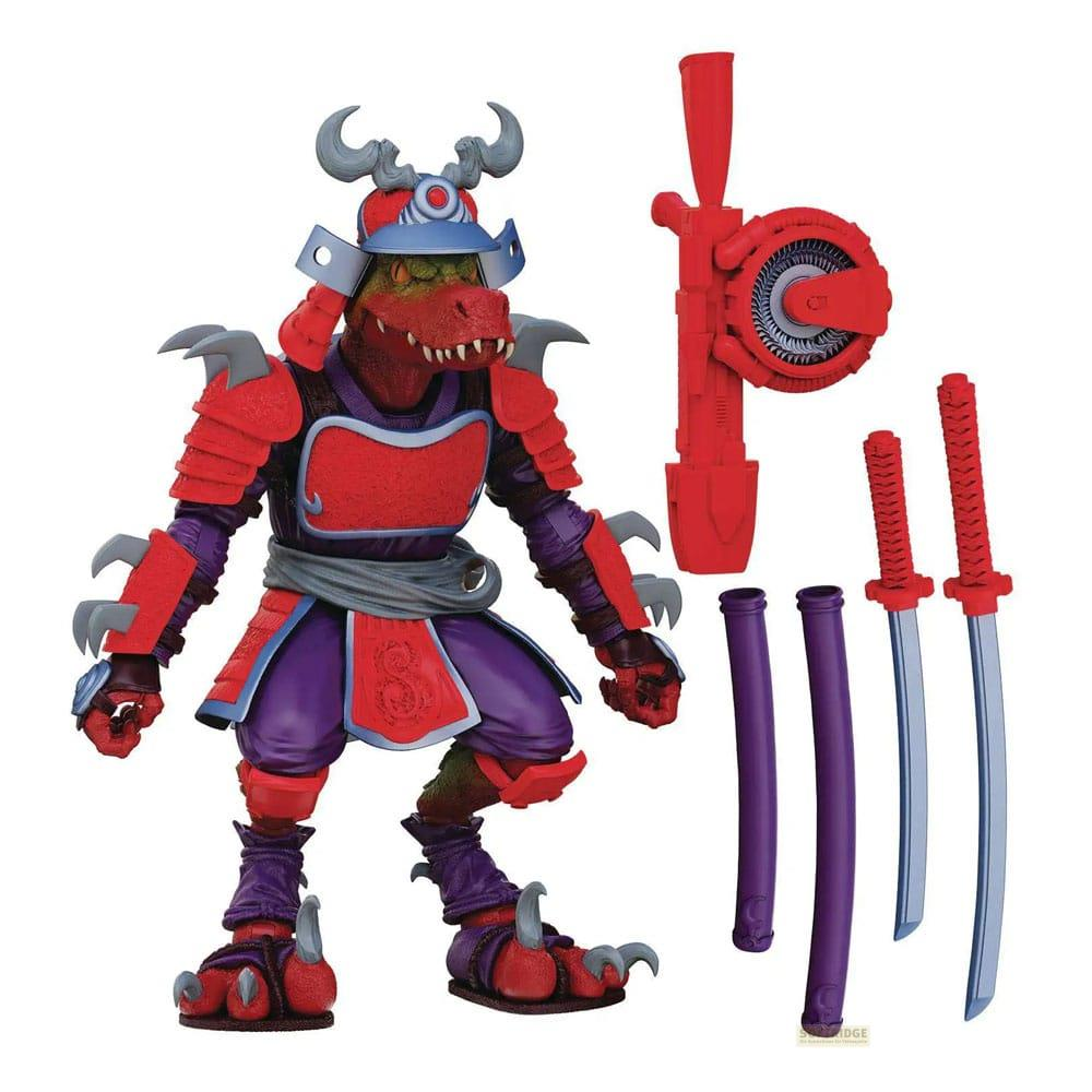 Una action figure di un guerriero samurai rosso e viola con un elmo cornuto, denti affilati e piedi artigliati, che tiene due spade.