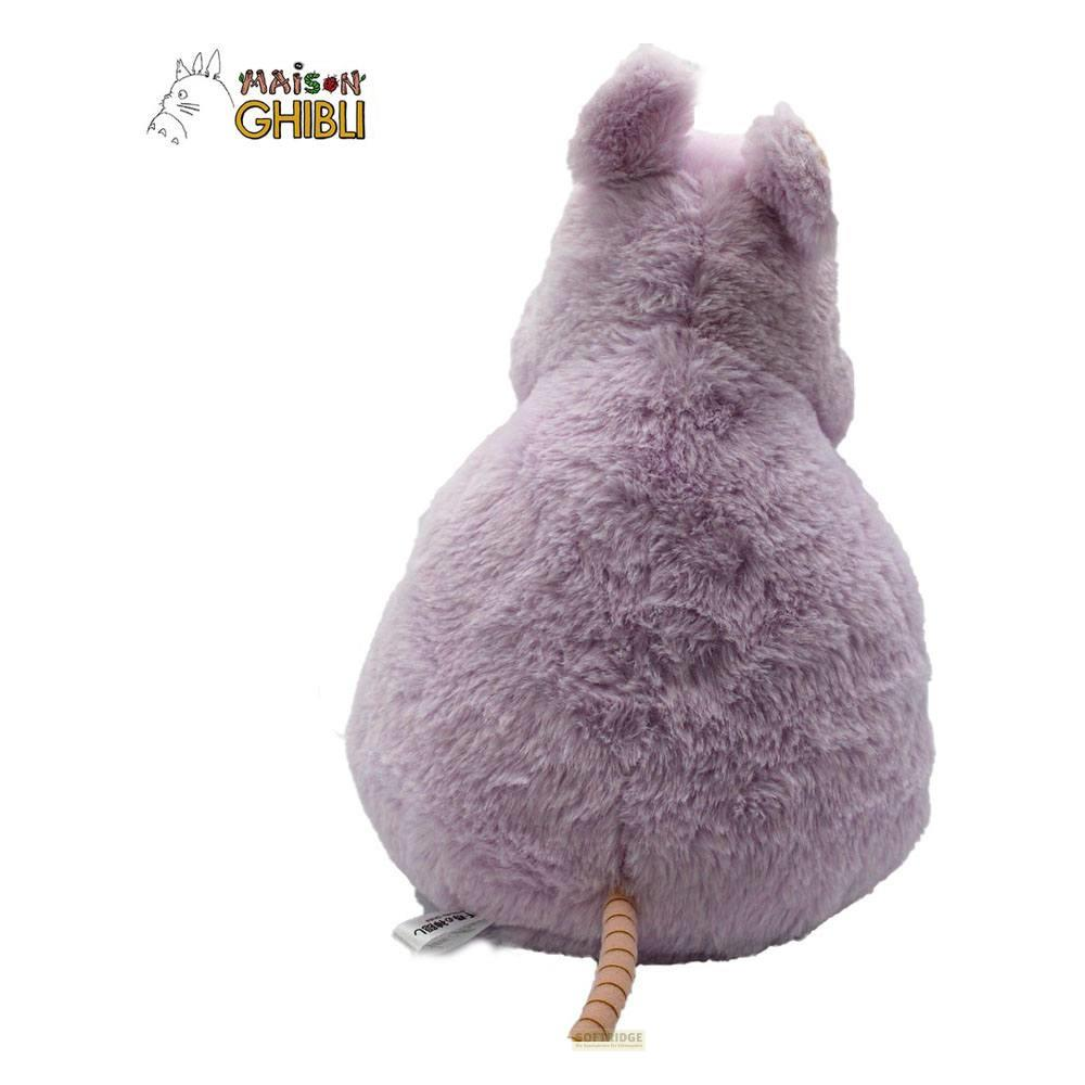 Ein flauschiges, lavendelfarbenes Plüschtier mit Ohren und einem geschwungenen Schwanz.