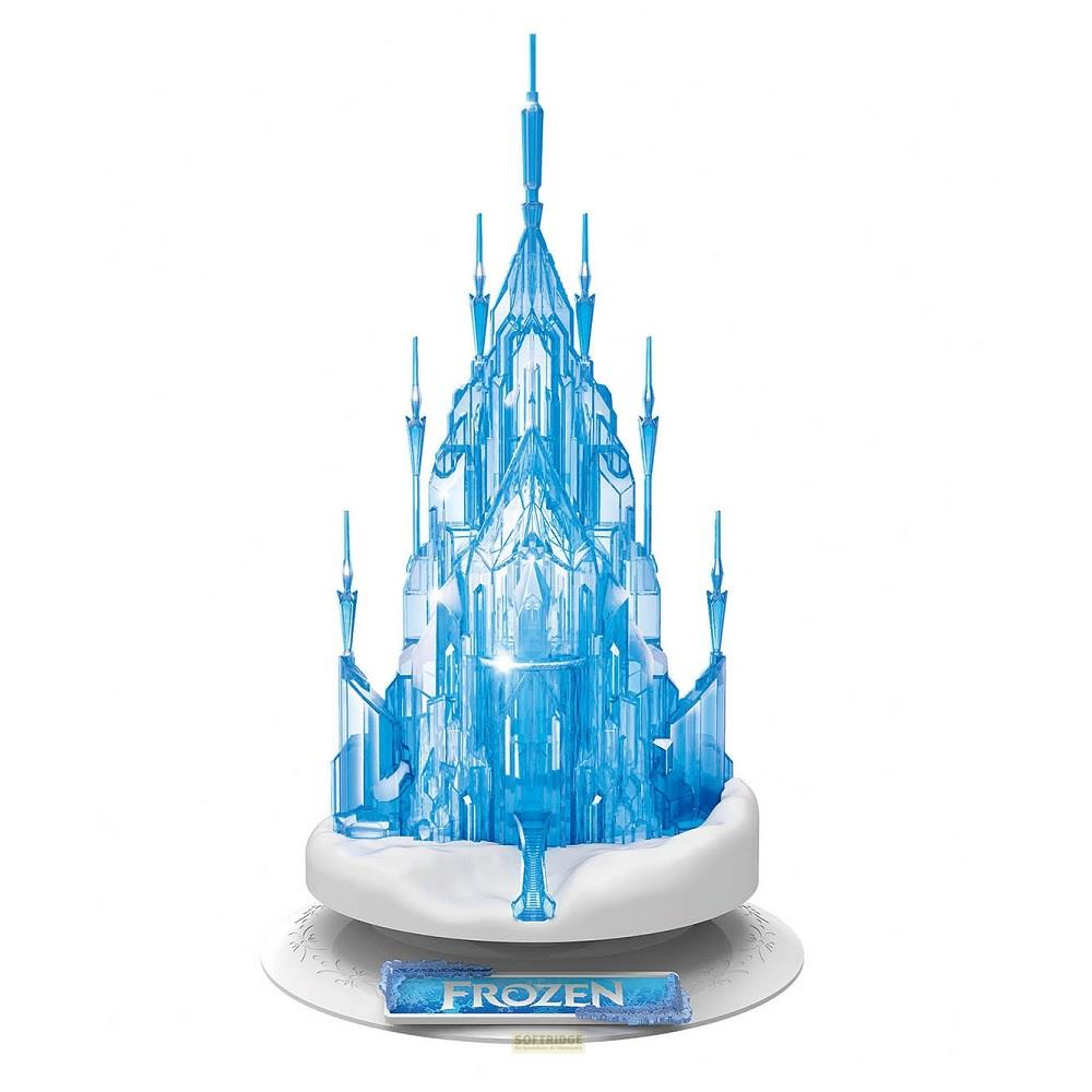Un château de glace bleu translucide avec des flèches sur une base blanche.