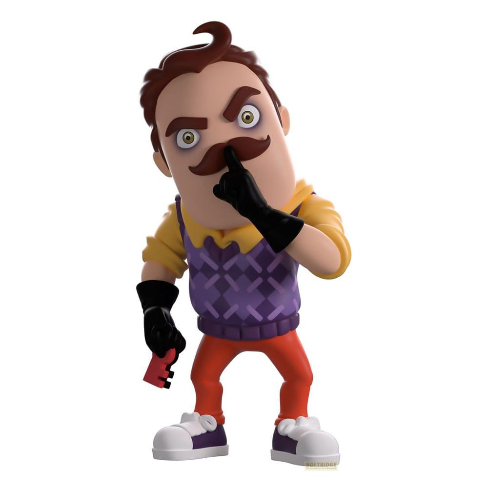Eine Hello Neighbor-Figur mit Schnurrbart, gelbem Hemd, lila Weste, orangefarbener Hose und schwarzen Handschuhen.