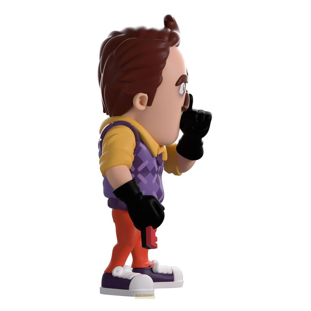 Eine stilisierte Figur mit braunen Haaren, gelbem Hemd, violetter Weste und orangefarbener Hose.
