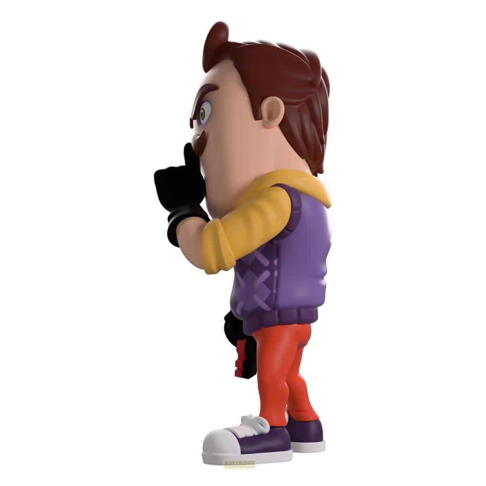 Eine Figur mit braunen Haaren, die einen Finger auf die Lippen legt. Sie trägt eine gelbe Jacke und eine lila Weste.