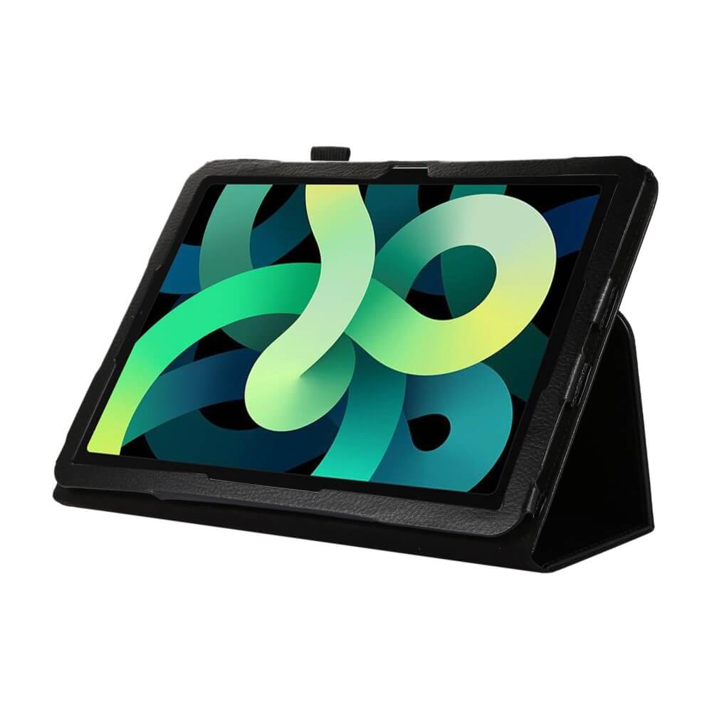 Une tablette noire avec un fond d'écran coloré est debout.