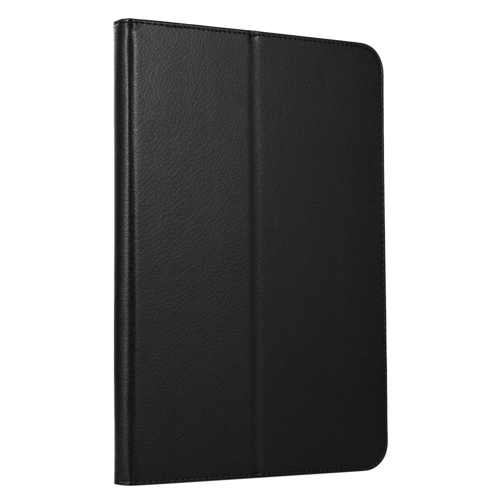 Étui noir pour tablette en similicuir avec ligne de pli vertical.