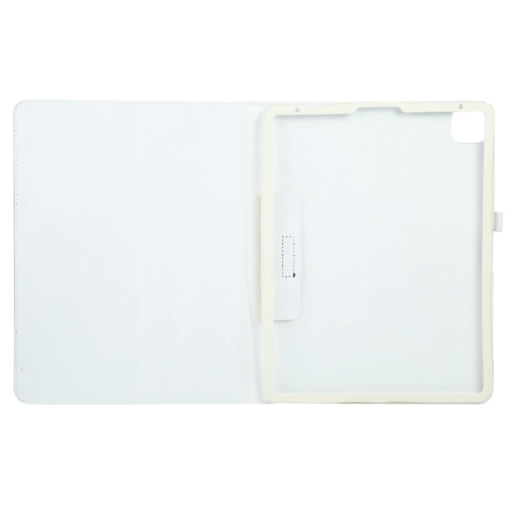 Étui blanc pour tablette avec sangle et cadre.
