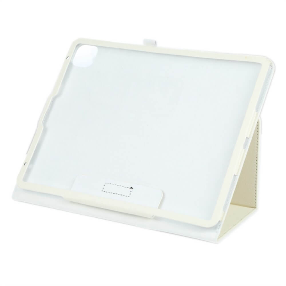 Un support de tablette blanc avec étui transparent sur fond blanc.