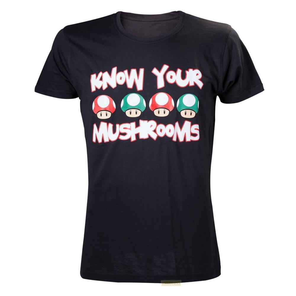 Schwarzes T-Shirt mit roter und grüner Pilzgrafik und Text.
