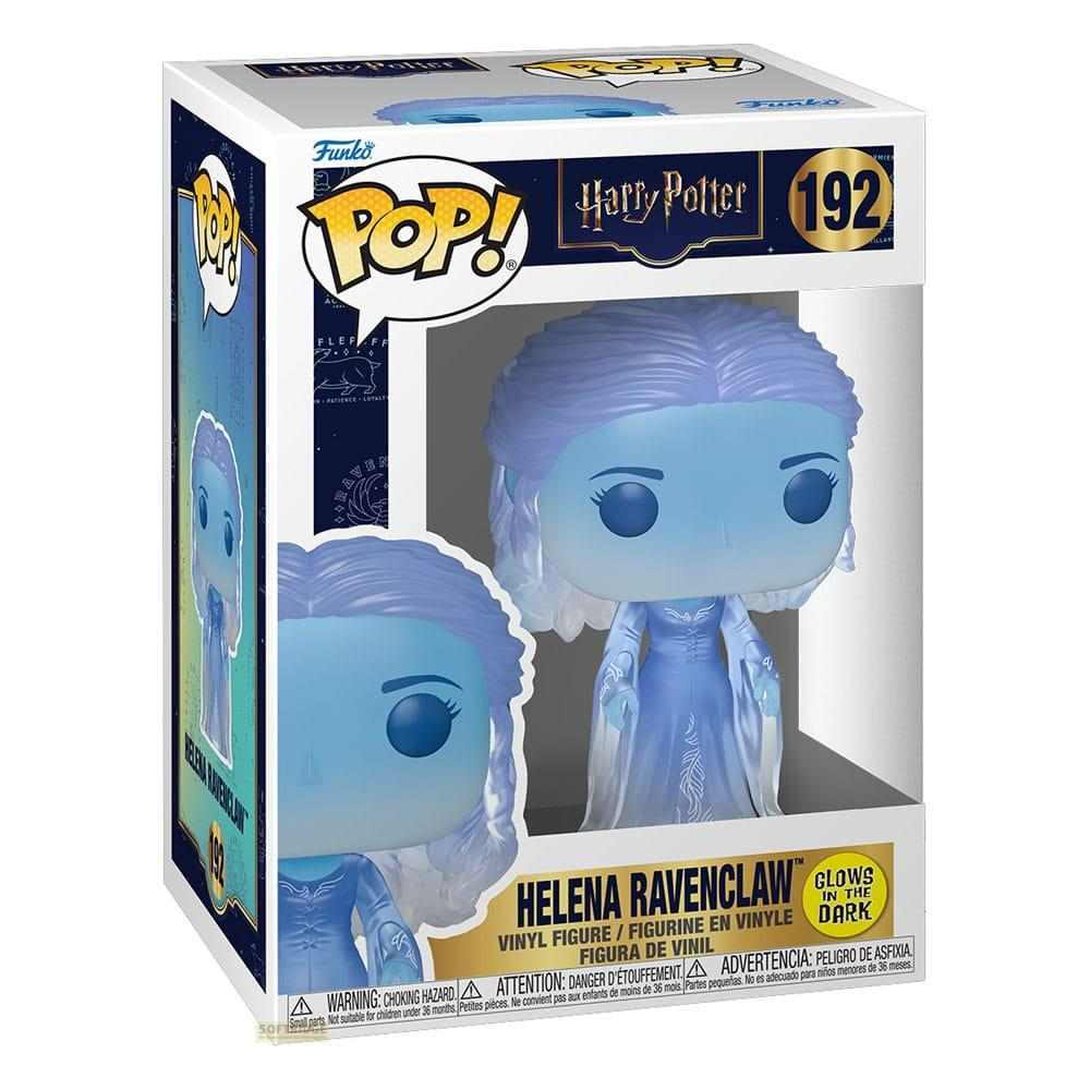 Figura Funko Pop! azul de Helena Ravenclaw en su caja, brilla en la oscuridad.