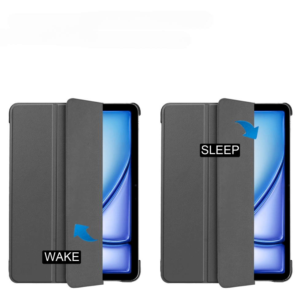 Deux étuis de tablette gris avec couvertures ouvertes, l'un indiquant 'WAKE', l'autre 'SLEEP'.