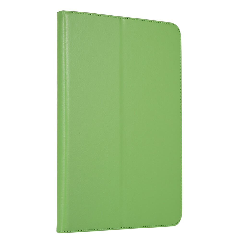 Étui de tablette vert en cuir, fermé, sur fond blanc.