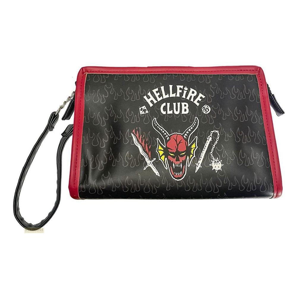 Schwarze Tasche mit rotem Rand und Flammenmuster. Hellfire Club Logo mit Dämonenkopf.