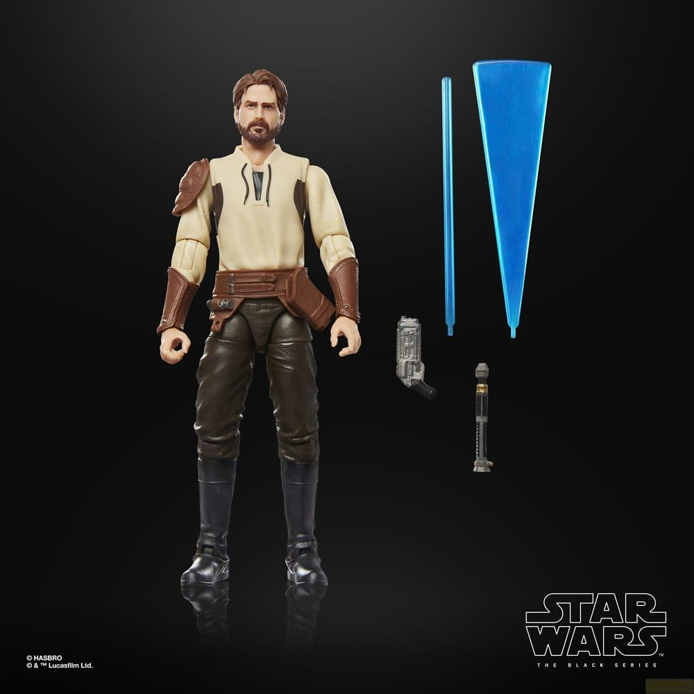 Una figura de acción de Star Wars de un hombre con pelo castaño, túnica beige, pantalones marrones y botas.