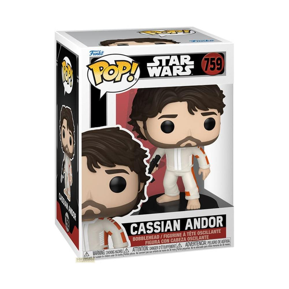 Figura Funko Pop! Star Wars Cassian Andor en traje blanco con detalles naranjas.