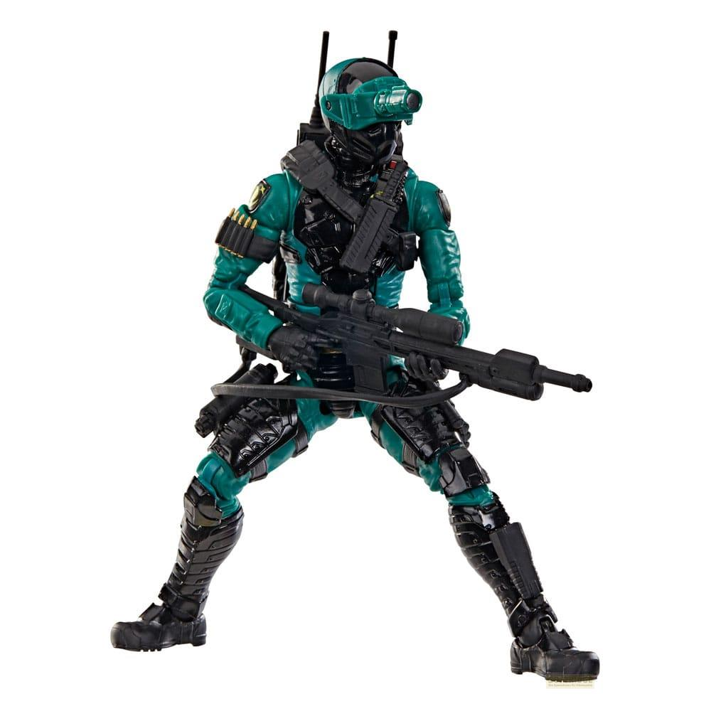 Action figure di soldato verde con fucile, visore notturno e zaino.