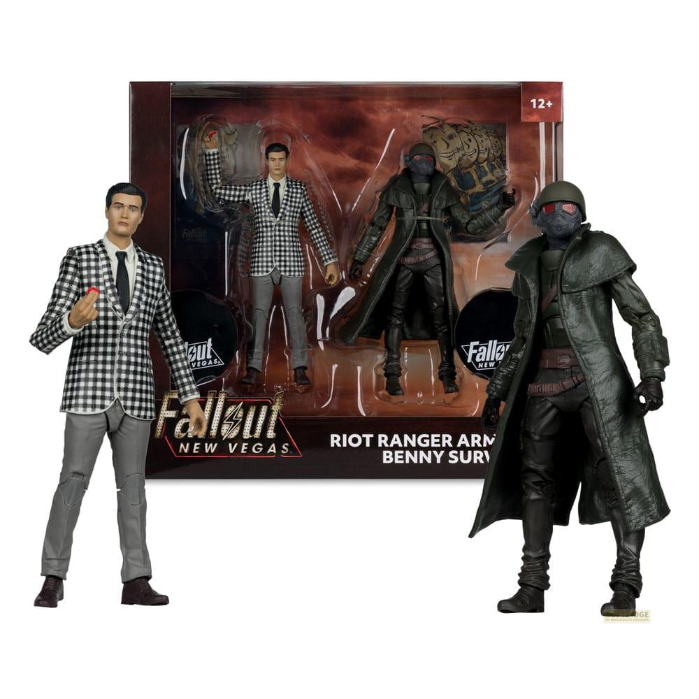 Tres figuras de acción de Fallout New Vegas en embalaje: Benny, Ranger y soldado.