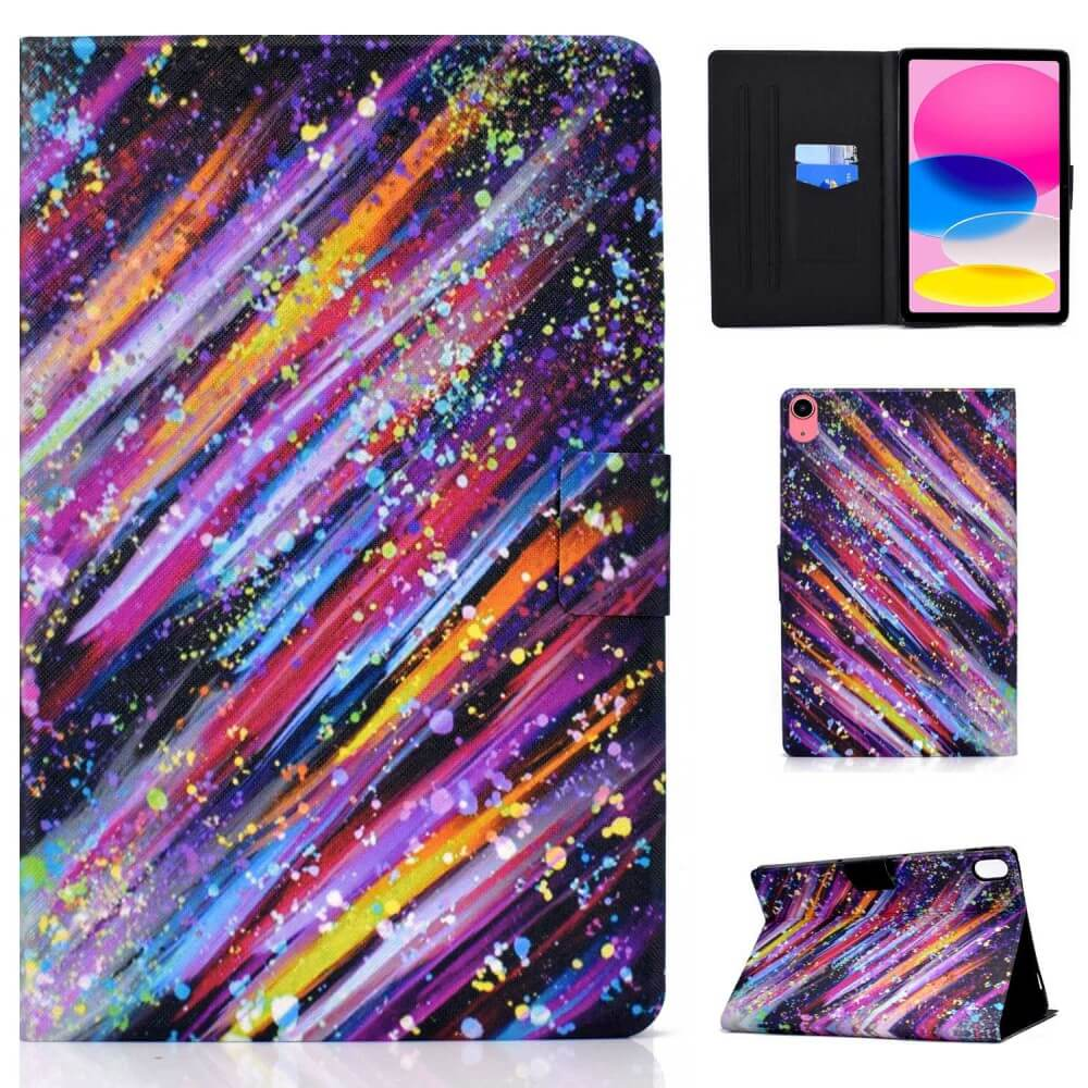 Custodia colorata per tablet con design dinamico a schizzi.