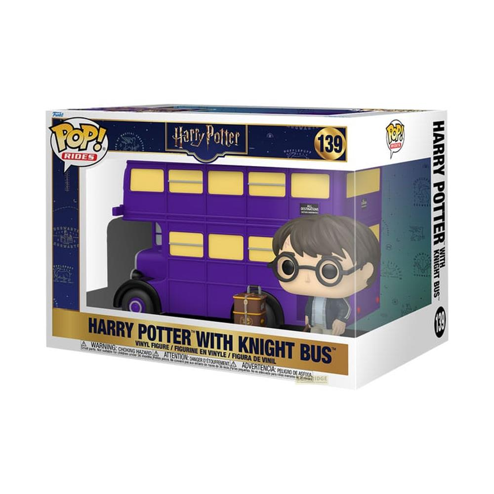 Figura Funko Pop de Harry Potter con el autobús Knight Bus morado y maleta.
