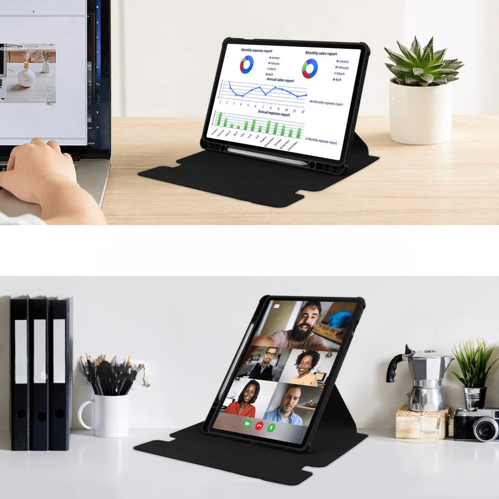 Ein Laptop und ein Tablet mit Berichten. Unten ein Tablet mit Videokonferenz.