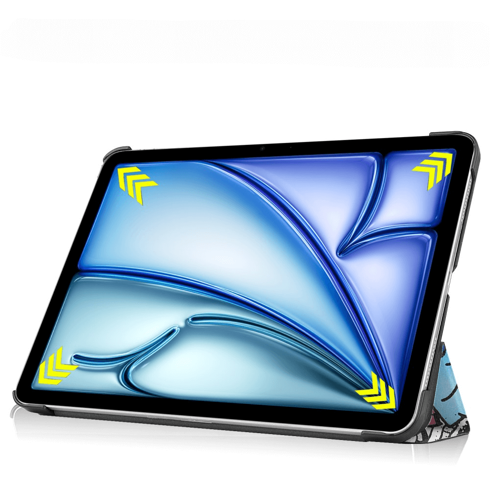 Ein Tablet mit blauem Hintergrund und gelben Pfeilen an den Ecken, aufgestellt.