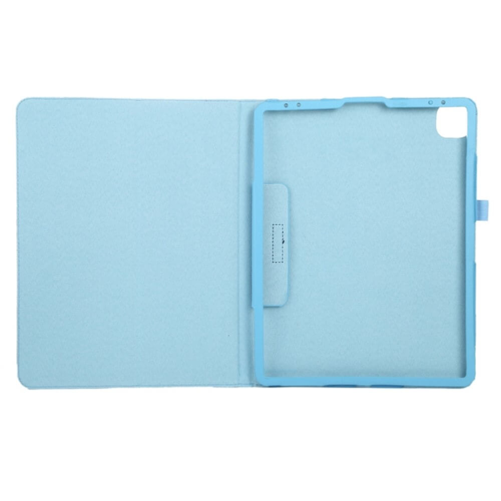 Hellblaue Tablet-Hülle, offen, mit innerer Halterung.