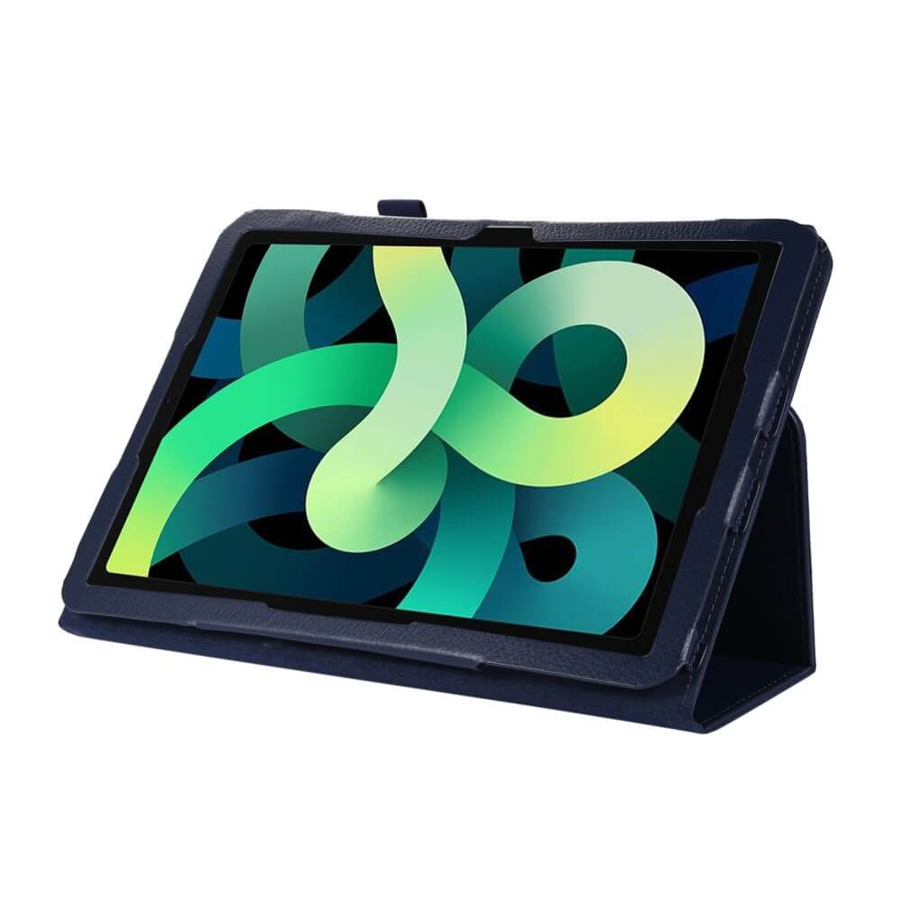 Ein dunkelblauer Tablet-Ständer mit einem Tablet, das einen grünen und gelben Hintergrund anzeigt.