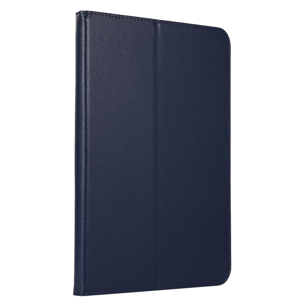 Dunkelblaue Kunstlederhülle für ein Tablet mit genähten Kanten.