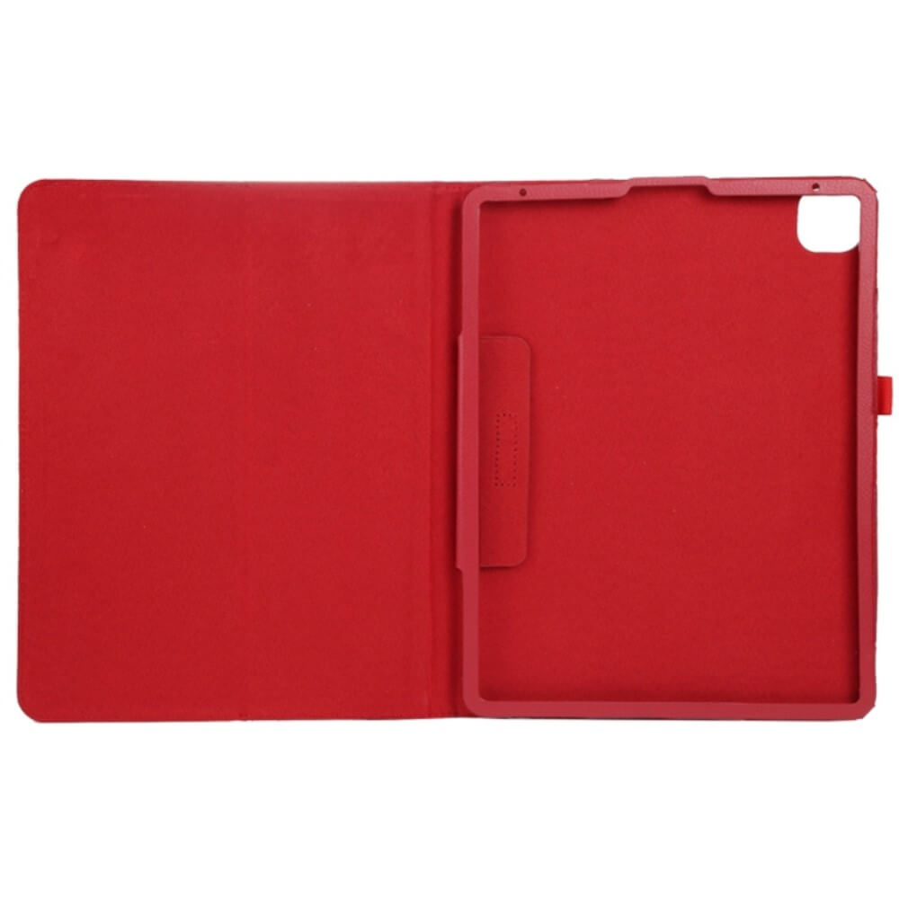 Custodia rossa per tablet, aperta, con ritagli per fotocamera e pulsanti.