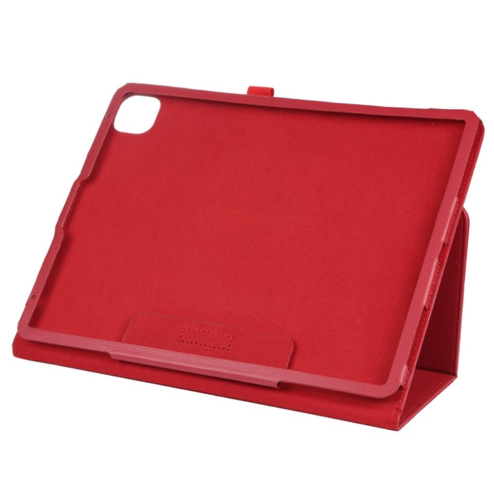 Custodia rossa per tablet con ritagli per fotocamera e pulsanti.