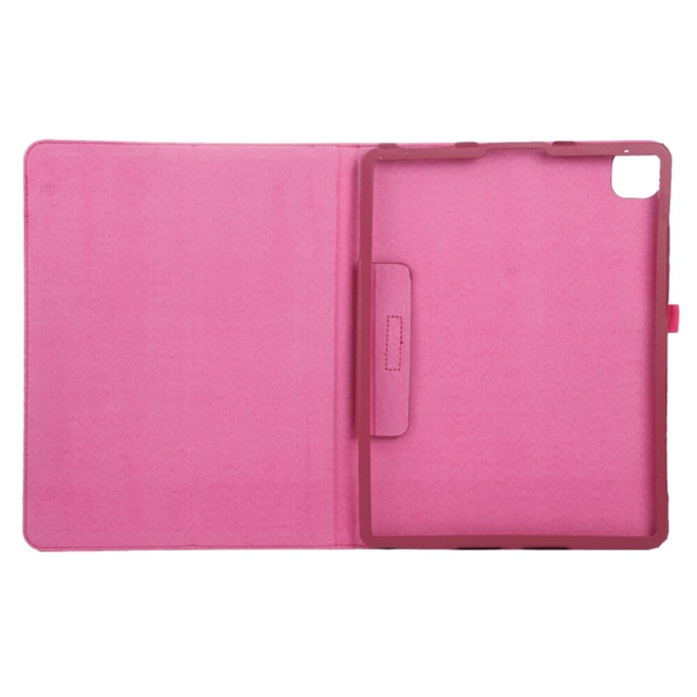 Ein pinkes Tablet-Case mit offenem Deckel, das eine Halterung zeigt.