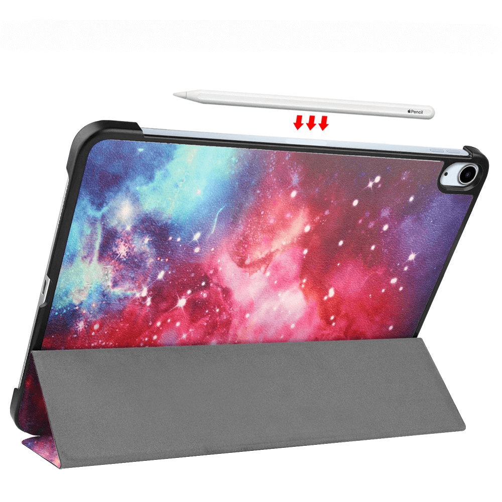 Ein Tablet mit Sternenmuster-Hülle und Stift darüber.