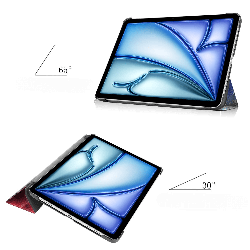 Ein Tablet im Ständer bei 65 und 30 Grad, mit blauer Hintergrundgrafik.