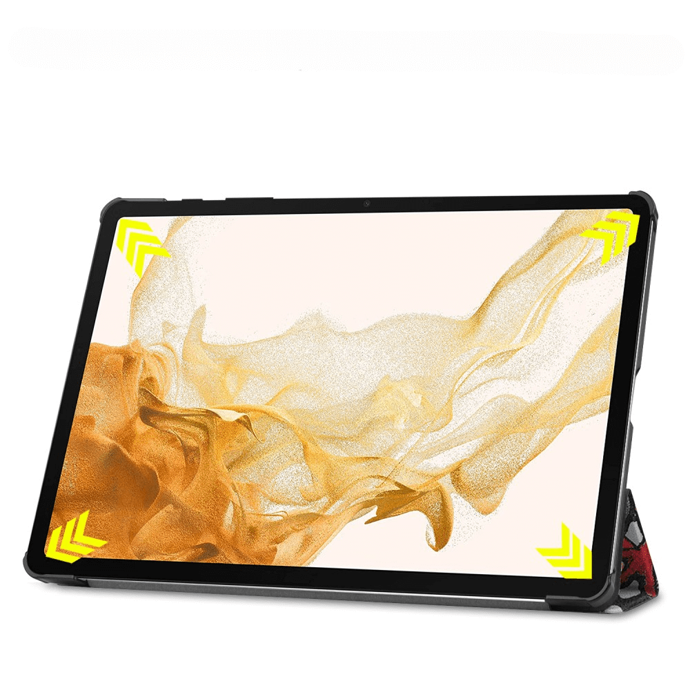 Ein schwarzes Tablet mit einem abstrakten, goldenen Muster auf dem Bildschirm und gelben Pfeilen.