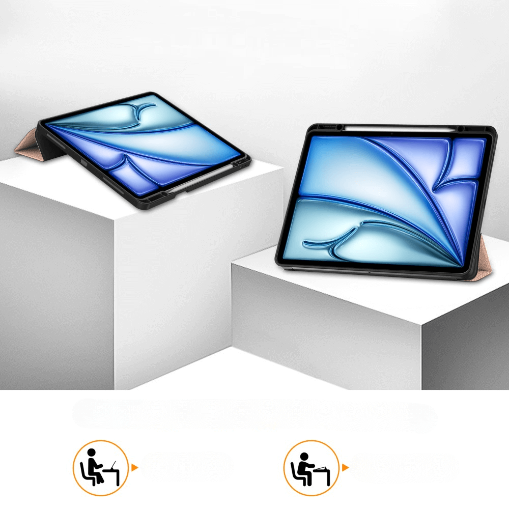 Zwei Tablets in Schutzhüllen auf weißen Würfeln, mit stilisiertem Personensymbol darunter.