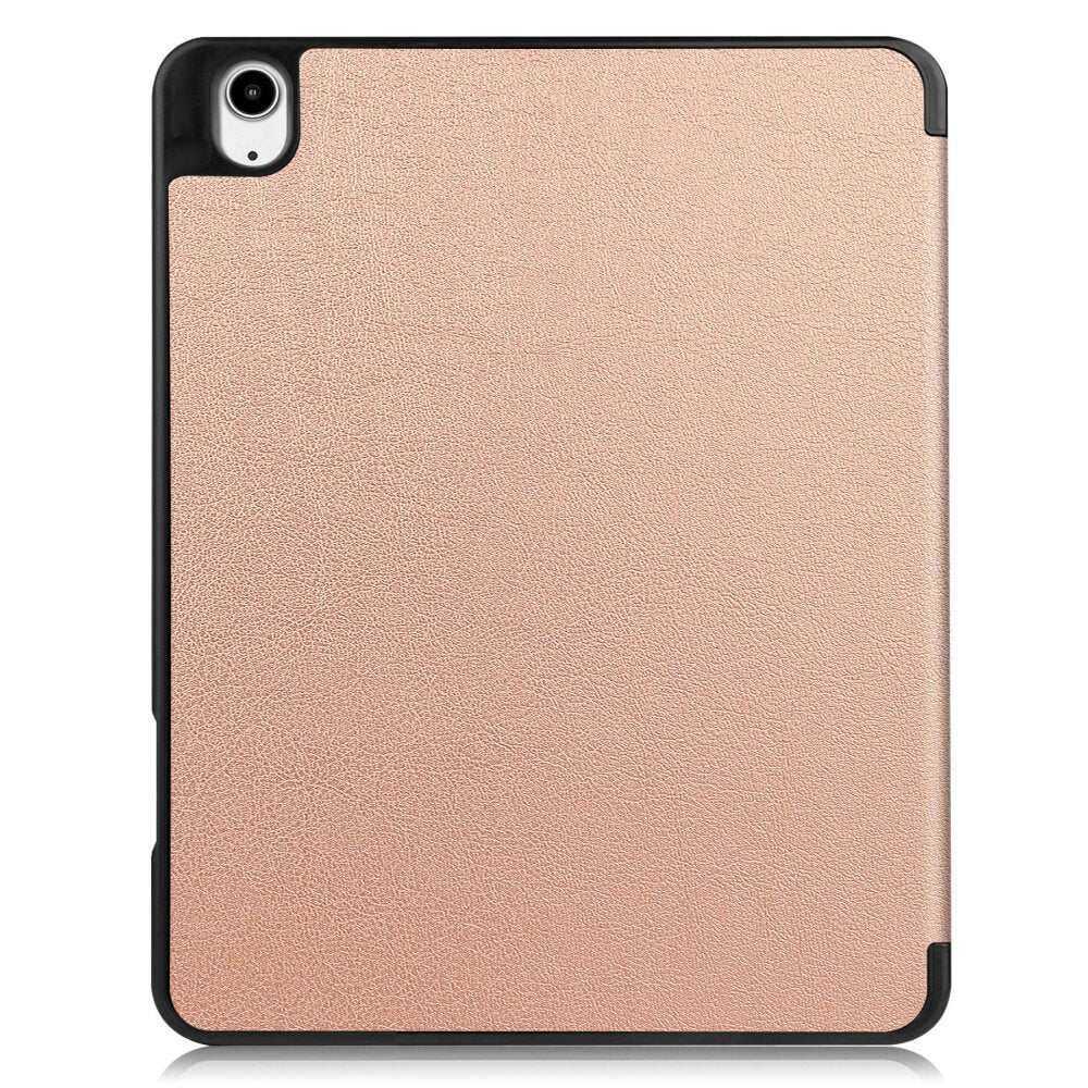 Eine roségoldene Tablet-Hülle mit schwarzem Rahmen und Kameraloch.