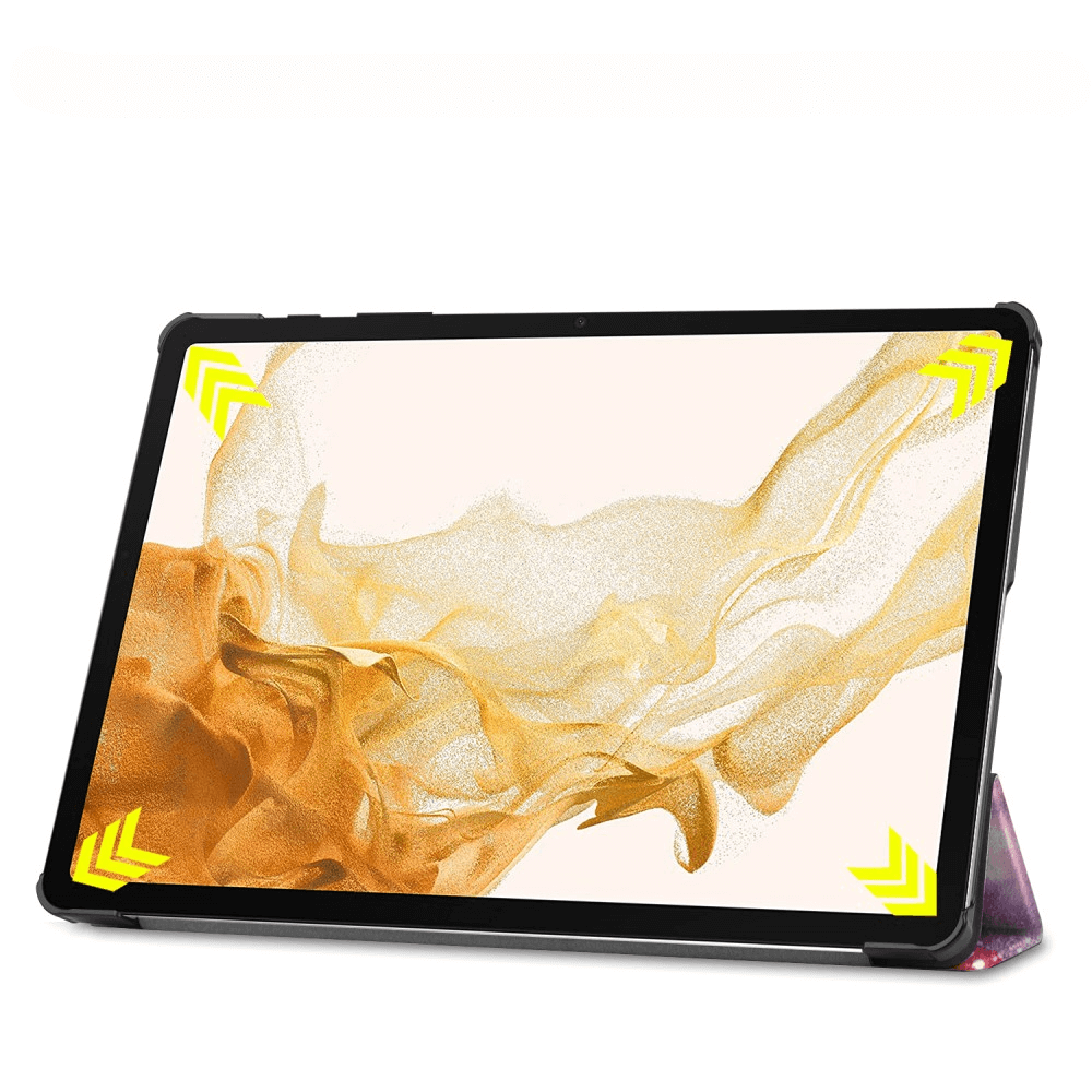 Ein Tablet mit einem abstrakten, goldfarbenen Hintergrund, das auf einem Ständer steht.