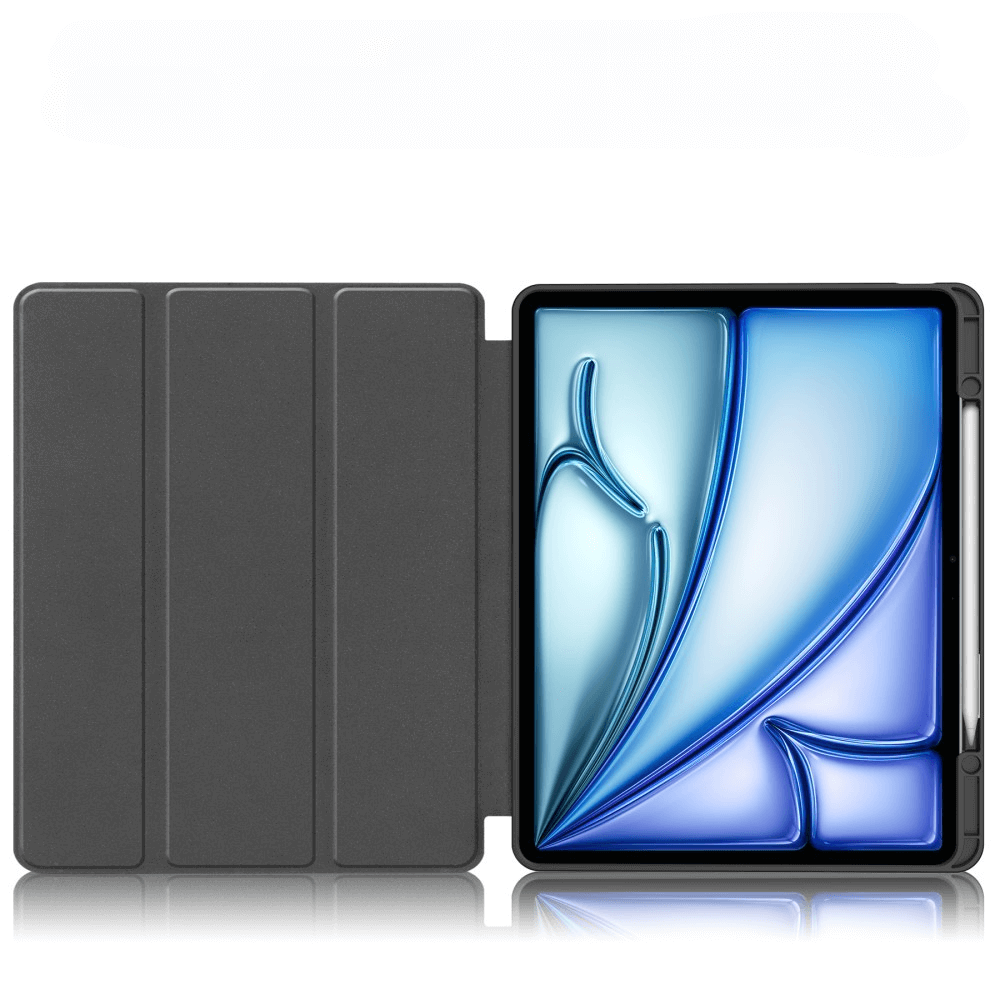 Ein dunkler Tablet-Ständer mit einem hellen, abstrakten Hintergrund.