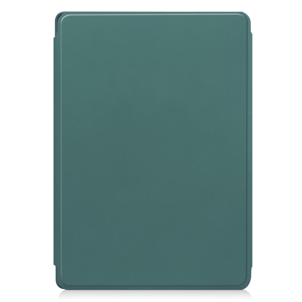 Grüne Hülle für ein Tablet, flach auf weißem Hintergrund liegend.