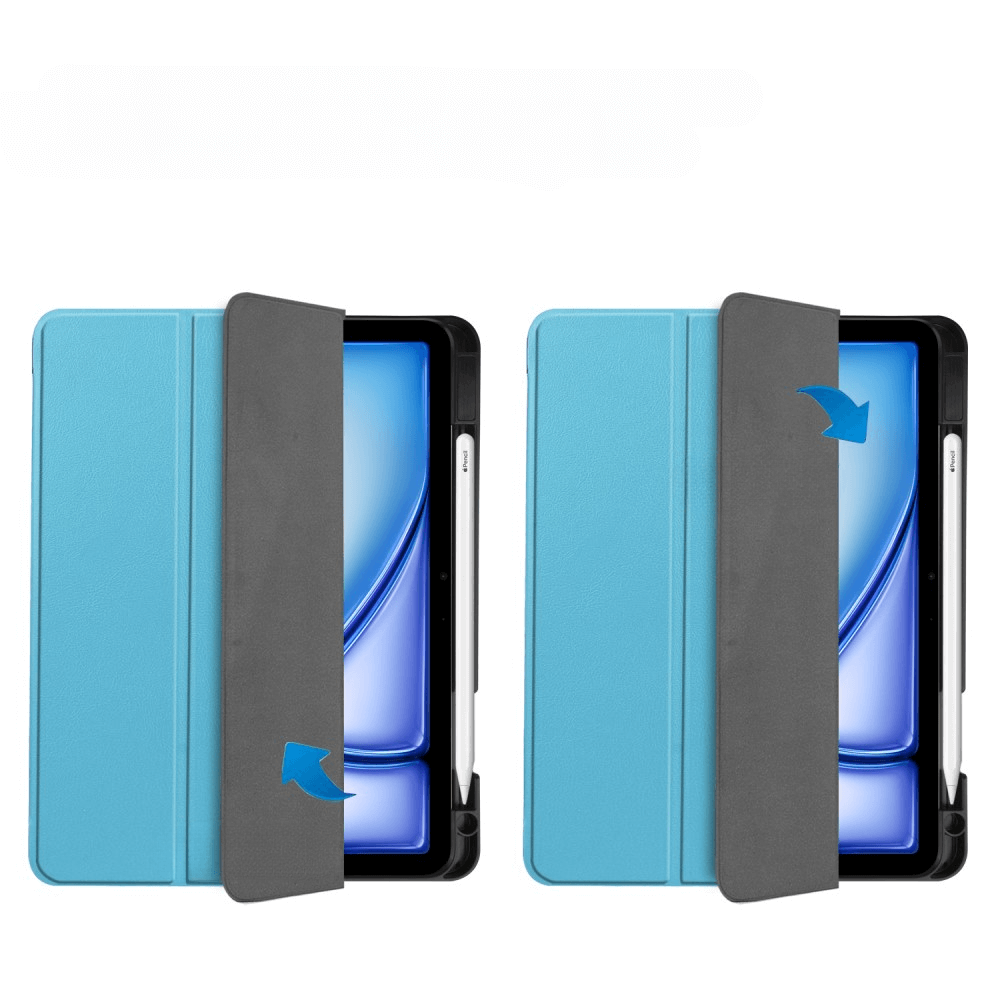 Zwei blaue Tablet-Hüllen mit Stifthalter, eine offen, eine geschlossen.