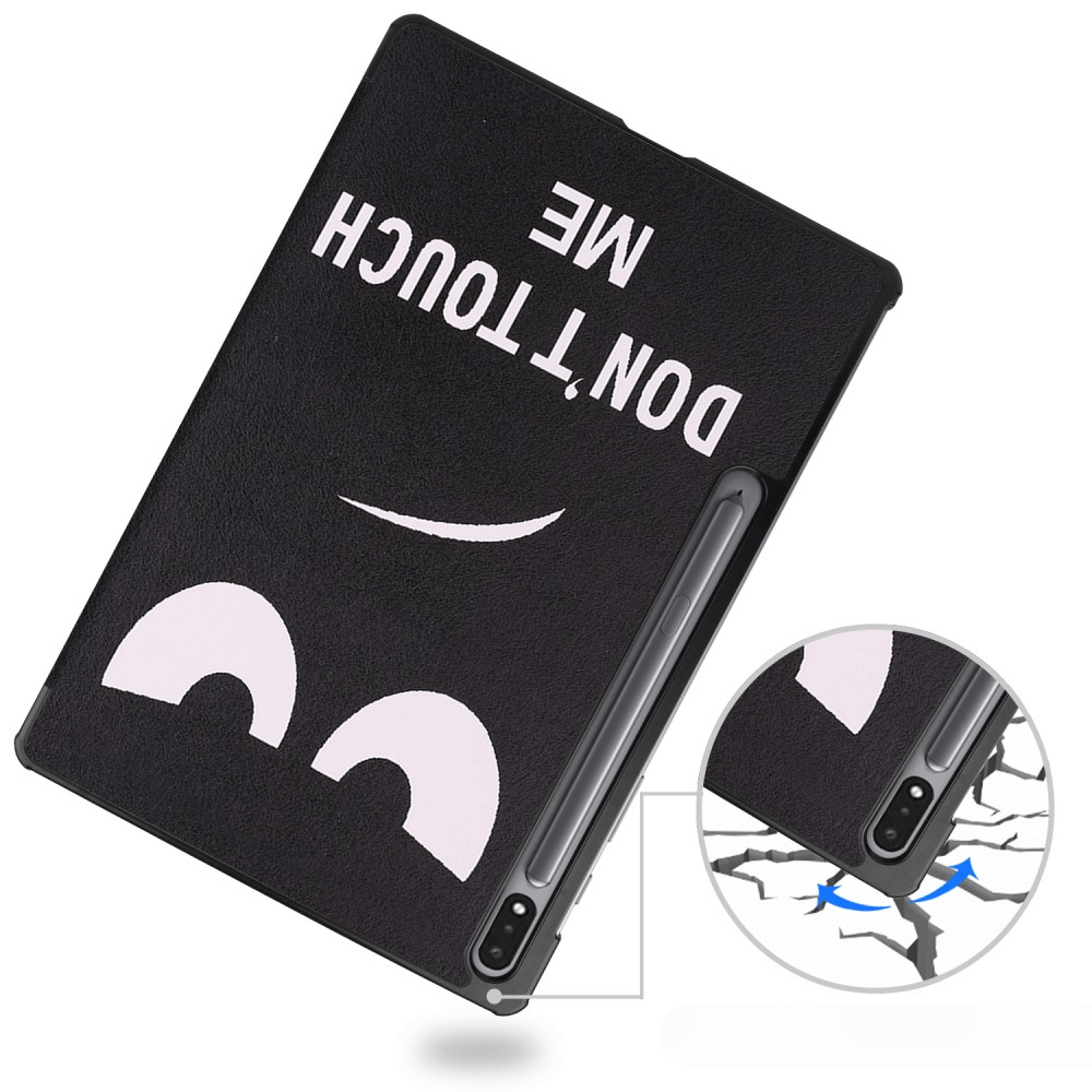 Schwarze Tablet-Hülle mit Augen, Mund und Text „DON'T TOUCH ME“.