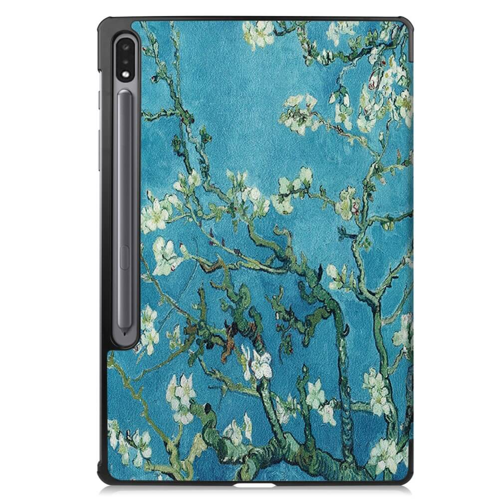 Ein Tablet-Cover mit Van Goghs Mandelblüten auf blauem Hintergrund.