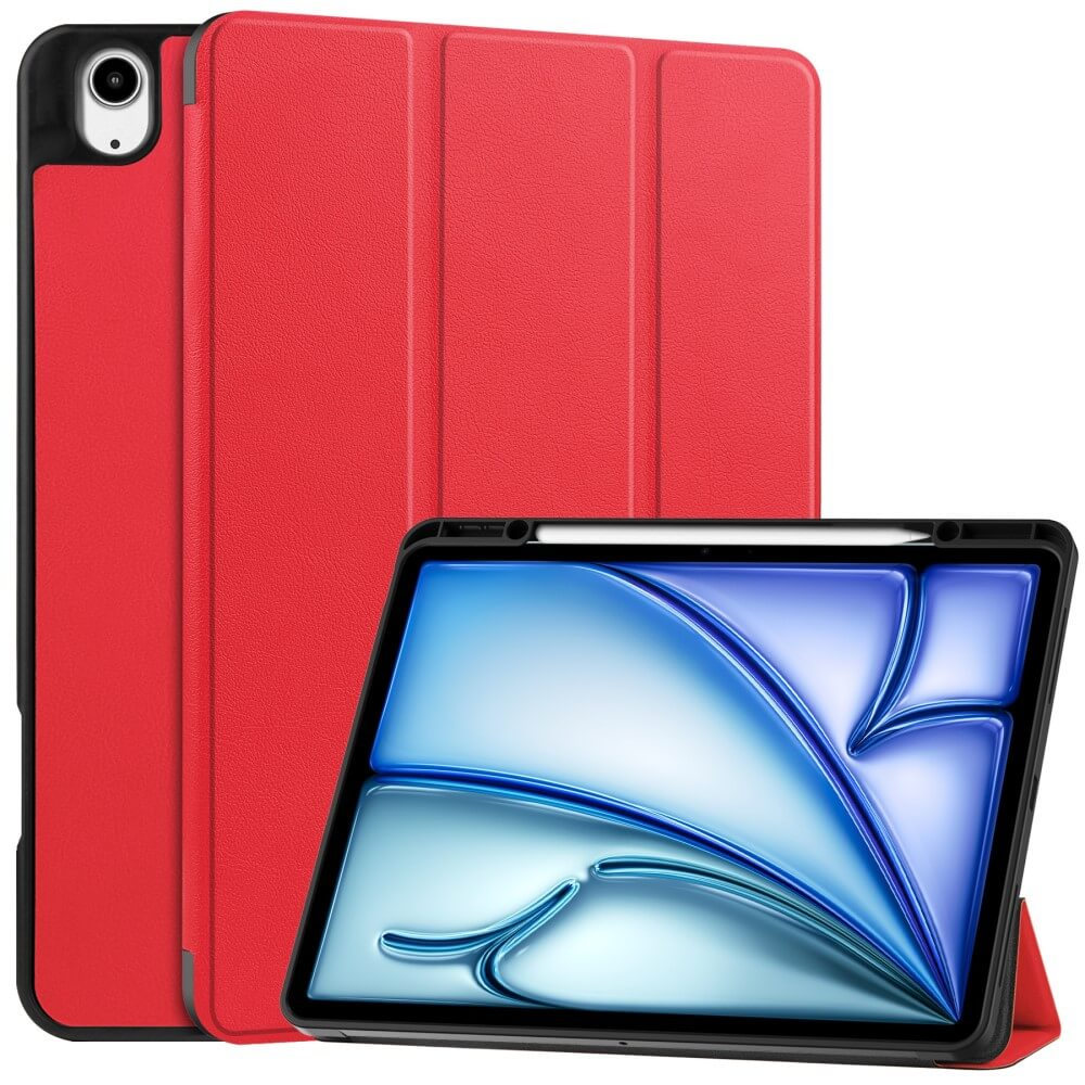 Rote Hülle für ein Tablet mit Stift, das auf einem Ständer steht.