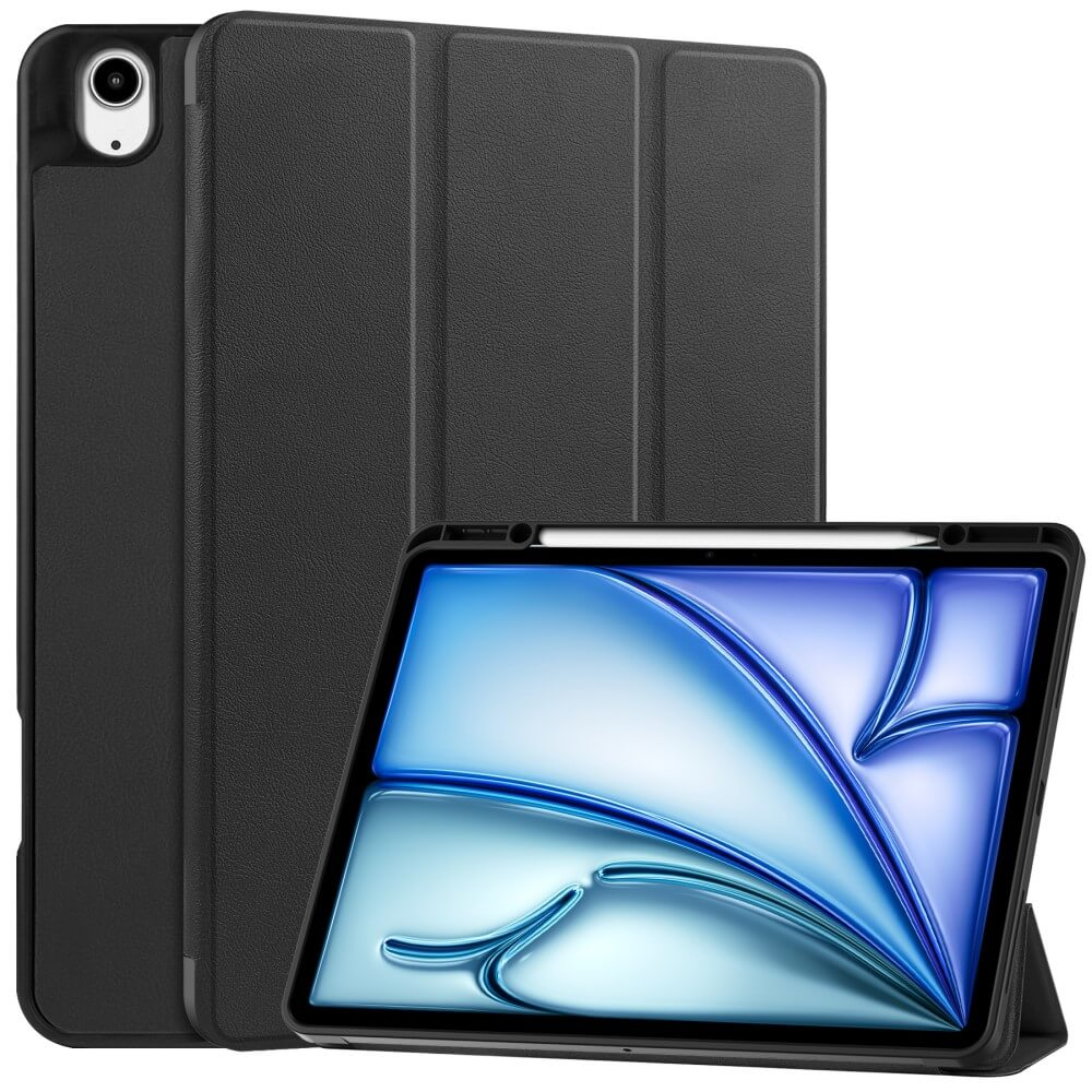 Schwarze Tablet-Hülle mit offenem Bildschirm und Stifthalter.
