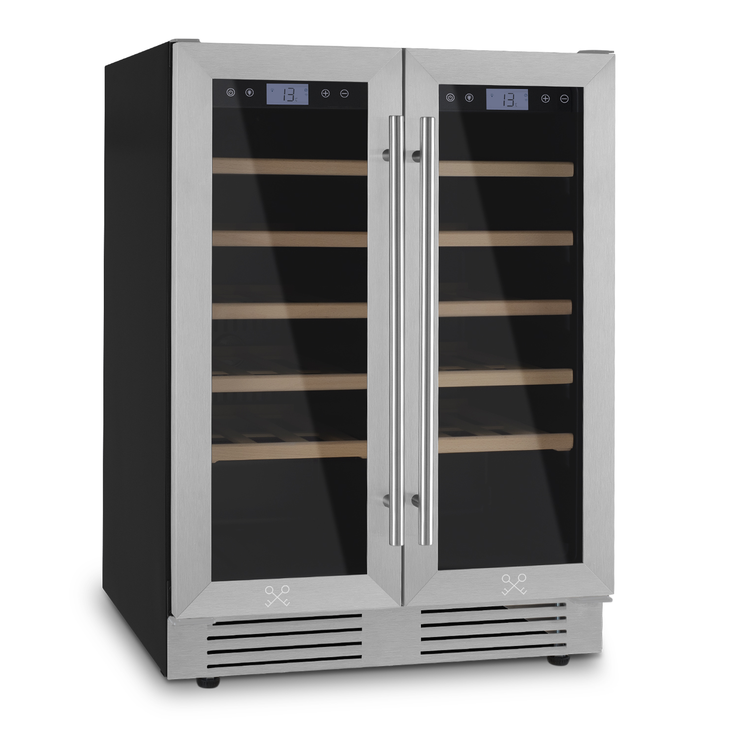Doppeltür-Weinkühlschrank aus Edelstahl mit Glastüren und Holzböden.